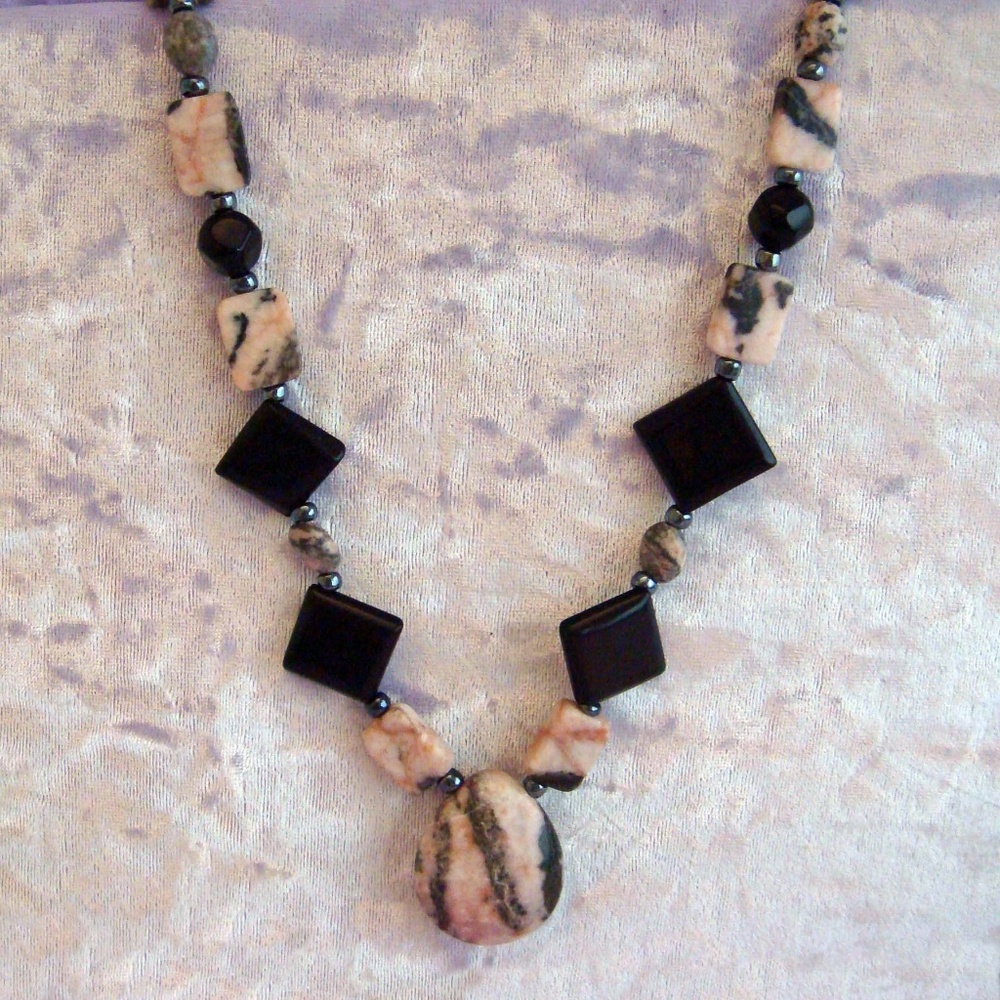 Pink Zebra Jasper Stone with Black Bead Accent Necklace